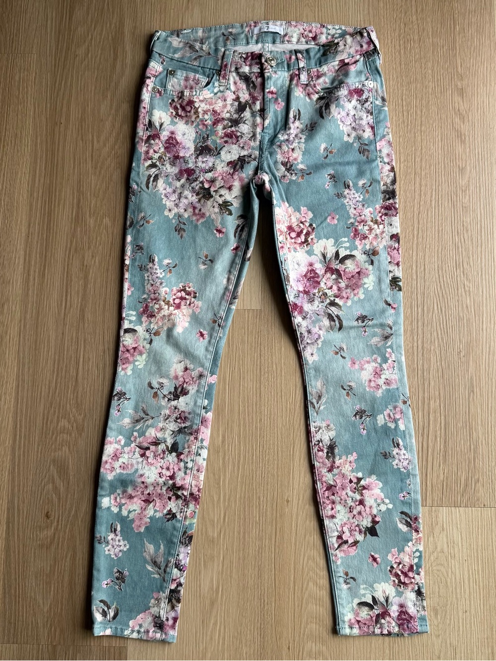 7 For All Mankind Floral Print Mint Skinny Jeans for Women Size 27